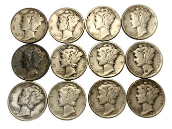 12 Mercury Dimes 1944 And 1945 90 Percent Silver