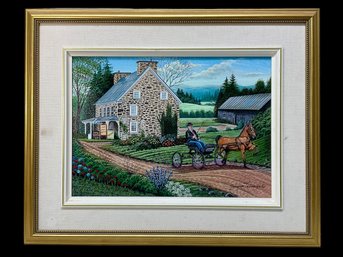 Oil Painting Of Man In Horse Drawn Carriage Signed