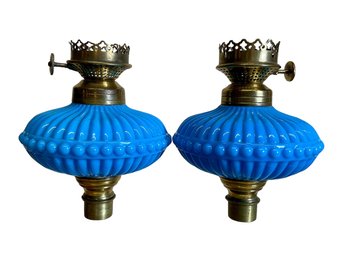 Pair Of Rare French Victorian Blue Glass Oil Lamp Fonts Or Bowls