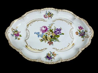 Massive 21.75 Inch Antique Dresden Crossed Swords And Rose Mark Hand Painted Porcelain Tray