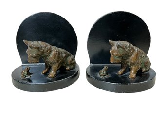 Antique Pair Of Brass And Metal Scottish Terrier With Frog Bookends