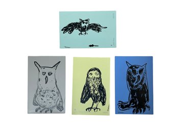 Four Outsider Art Drawings Of Owls Signed Map Or Man On Glidden Paint Cards