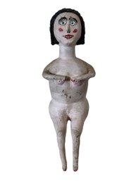 Vintage Outsider Art Painted Plaster Sculpture Of A Seated Happy Nude Woman