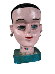 Vintage Folk Art Carved And Painted Wood Bust Of A Woman With Earrings