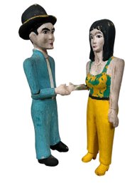 Vintage Juan Nunez Folk Art Painted And Carved Wooden Sculpture Of A Man And Woman Shaking Hands