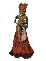 Funky Antique Or Vintage Indian Doll With Shield And Smaller Doll Necklace Carved Wood And Paint From India