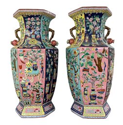 Pair Of Massive Vintage 20th C Chinese Vases With 100 Treasures Design And Qianlong Mark