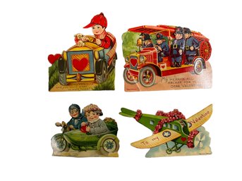 Thirteen Vintage 1930s Childrens Valentines Days Cards Automobile Aviation Subject Cut Out Mechanical Etc