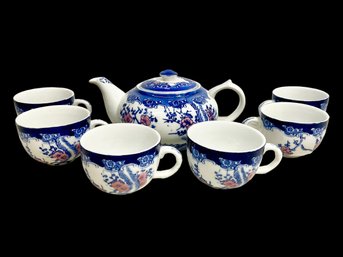 Vintage Porcelain Chinese Tea Set Blue And White Cherry Blossom Pattern