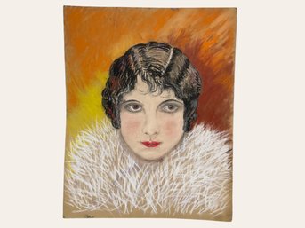 Antique Flapper Portrait Pastel On Paper