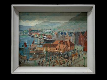 Signed Oil Painting On Board Bergen, Norway