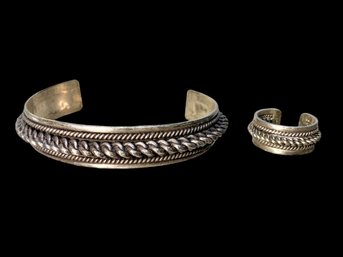 Silver Cuff And Ring Rope Motif Marked 900