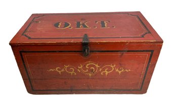 Antique Red Painted Carriage Chest With Initials OKT With Iron Handles