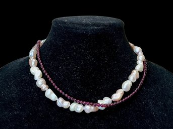 Pair Of Necklaces Garnet And Natural Freshwater Pearl