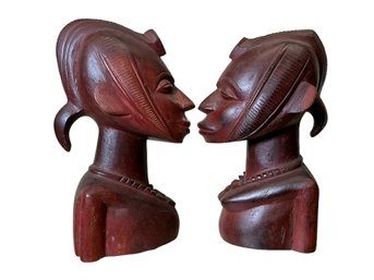 Pair Of Stylized African Bust Carvings Man And Woman