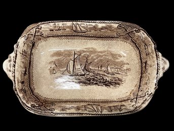 Antique Stoneware Transferware Side Dish Nautical Ship Motif