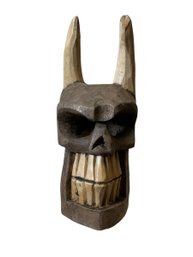 Carved Wooden Spooky Horned Devil Skull