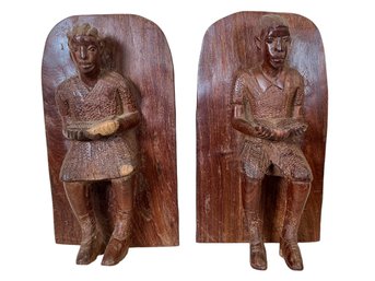 Two Carved Folk Art Wooden Bookends Reading Figures