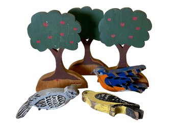 Folk Art Wooden Trees And Birds