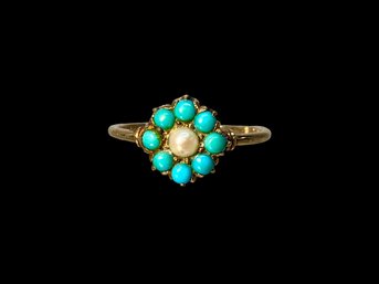 14K Gold And Turquoise And Pearl Victorian Forget Me Not Ring
