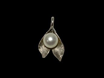 14K White Gold And Authentic Pearl Mid Century Pendant