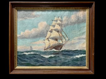 Large Antique Ship Painting Signed T Bailey