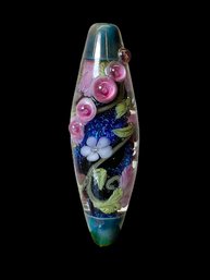 Large 2.25 Inch Floral Sparkly Blue Centerpiece Blown Glass Bead