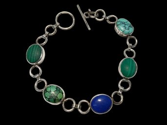 Sterling, Turquoise, Lapis And Malachite Bracelet