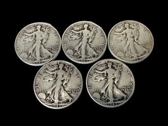 Five Walking Liberty Half Dollars 90 Percent Silver