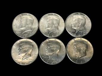 Six 1964 Kennedy Half Dollars 90 Percent Silver