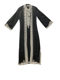 Vintage 1950s Or 60s Embroidered Caftan Jacket And Dress Ensemble Black Moire Middle Eastern