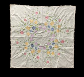 Vintage Hand Embroidered Table Cloth With Floral Design