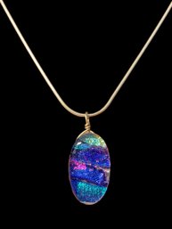 Signed Dichroic Glass Pendant Necklace On Sterling Chain