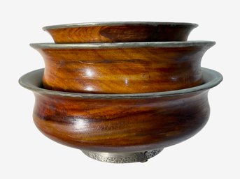 Tibetan Stacking Teak And Nickel Bowls