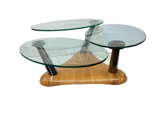 Vintage Possibly Danish Motion Kinetic Swivel Coffee Table Glass And Steel And Wood Laminate Three Tier