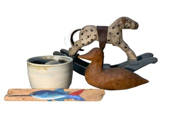 Folk Art Pieces Lot Decoy, Hand Painted Rocking Horse, Pottery Vase, Small Painted Driftwood