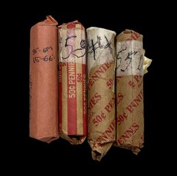 Four Unsearched Rolls Of Pennies Three Lincon Rolls And One Canadian Roll 40s Through The 60s