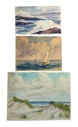 Three Vintage Watercolors One Signed Willa Astill Seascape Sailboats Dunes Crashing Waves