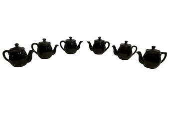 Six Small Vintage Black Glazed Redware Teapots