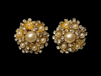 Miriam Haskell Clip Back Earrings Faux Pearl And Rhinestone