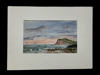 Watercolor Of Bluff By Ocean Passing Ships