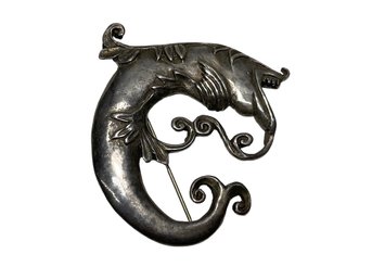 Large Sterling Silver Victorian Dolphin Or Fish Pin