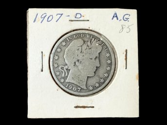 1907 D Barber Half Dollar 90 Percent Silver