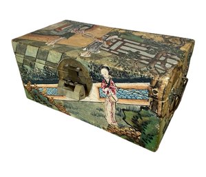 Antique 1920s Chinese Polychrome Pigskin Box With Original Brass Lock And Key Court Scene