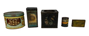 Five Antique Advertising Tins Monarch Cocoa Rival Dog Food Bank Hu Kwa Tea FFV Tea Rings Dills Best