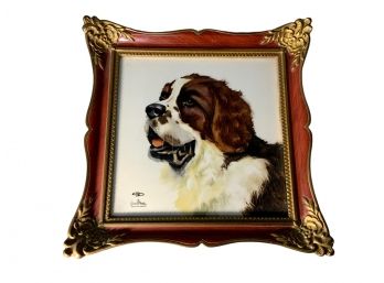 Vintage Rosenthal Hand Painted Porcelain St Bernard Tile In Frame