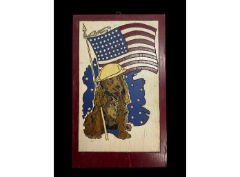 Antique Patriot Dog With 48 Star Flag Painting On Wood