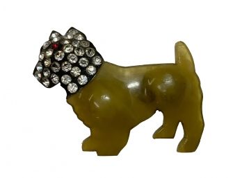 Antique Celluloid Rhinestone Dog Brooch