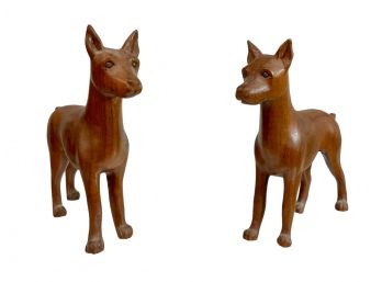 Carved Pair Wood Antique  M & F Pincher Anatomically Correct Dogs