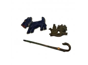 3 Antique Dog Pins Including Dog Cane